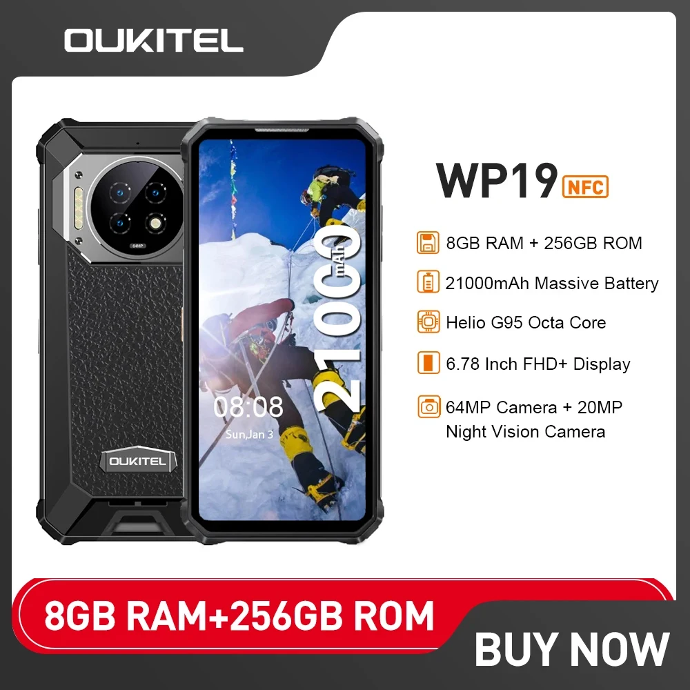 

Смартфон Oukitel WP19, 21000 мАч, 8 + 256 ГБ, 6,78 дюйма, Android 12