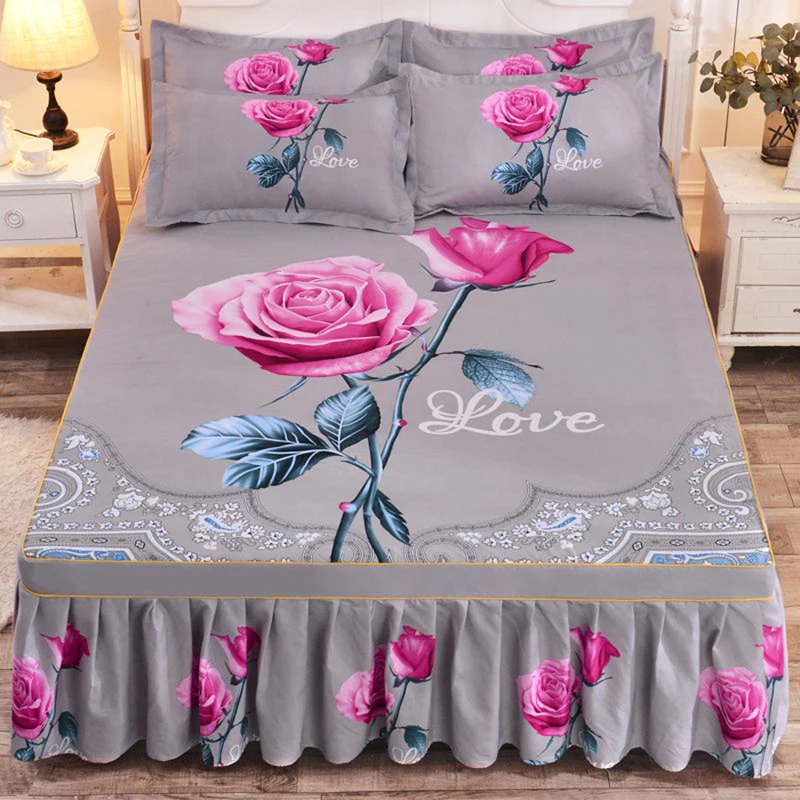 WOSTAR Pink rose flower printed bed skirt couple wedding bedspread 150/180 bed linens 2 people luxury double bed sheet king size