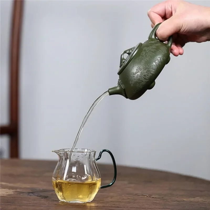 Yixing original mine green clay handmade carved purple clay teapot Landscape Ruyi Stone Ladle Purple Sand Pot Chinese teapot