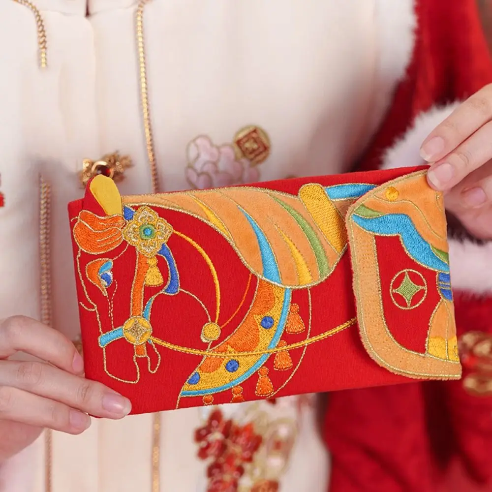 Chinese 2026 New Year Red Envelope Cartoon Bronzing Horse Year Money Envelope Thickened Glitter Frosted Money Bag New Year Gift