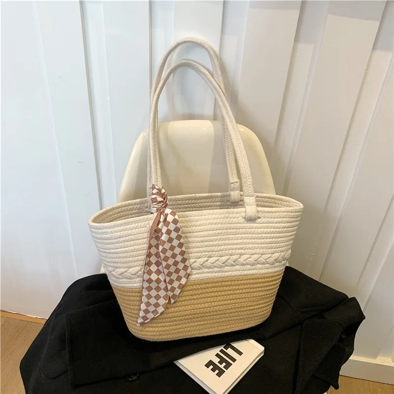 Cross-border Large-capacity Cotton Knitted New Color-blocked Shoulder Bag Vacation Beach Bag Vacation Straw Shoulder Bag