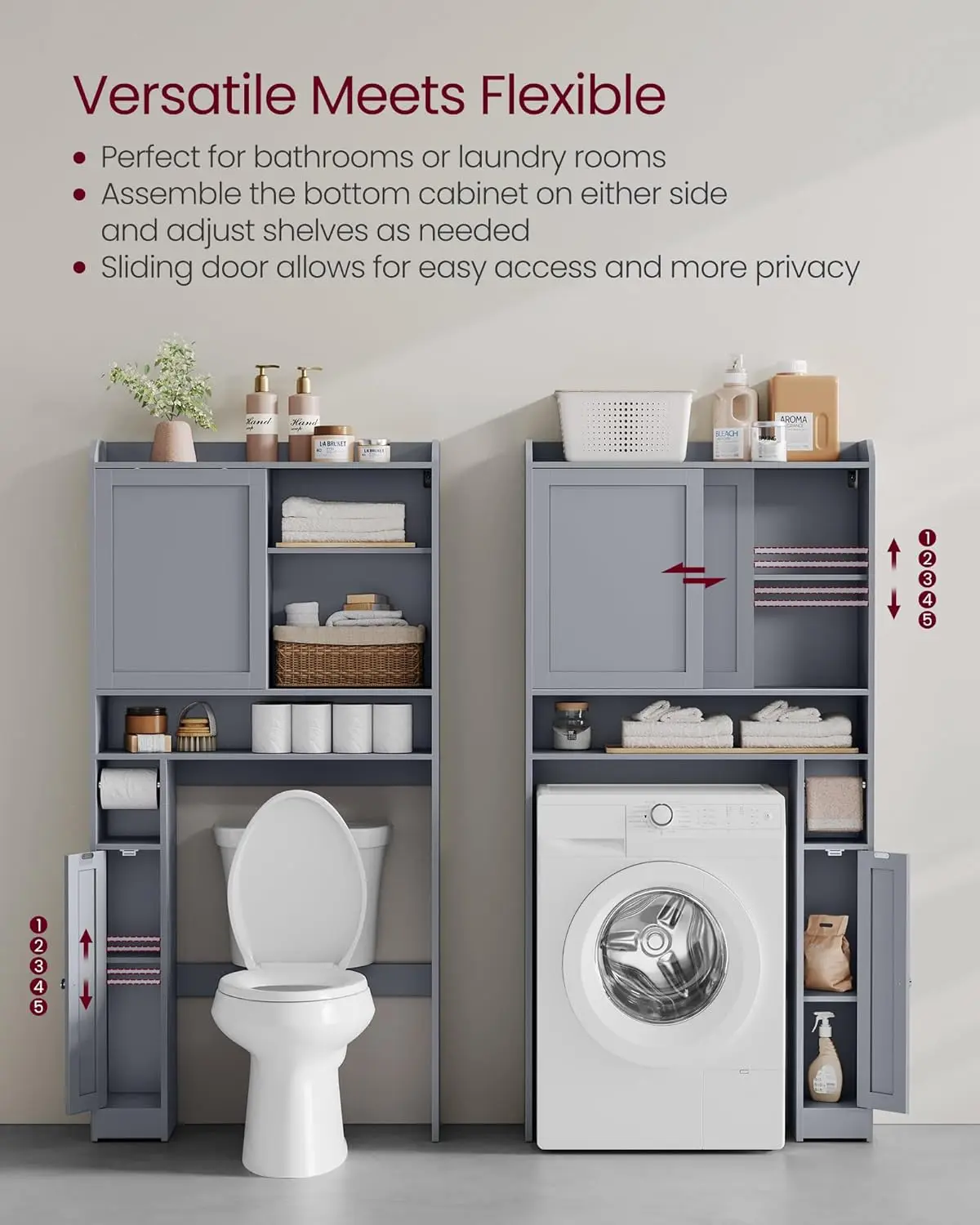 Over The Toilet Storage Shelf, Bathroom Storage Cabinet with Sliding Door, Adjustable Shelves, Toilet Paper Holder, Space-Saving