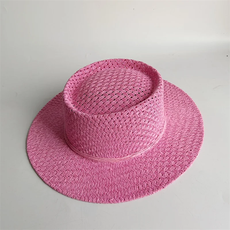 Cherry powder 2026 straw hat pearl chain DIY flat top sun hat new Korean elastic ribbon hat beach hat candy color sun hat