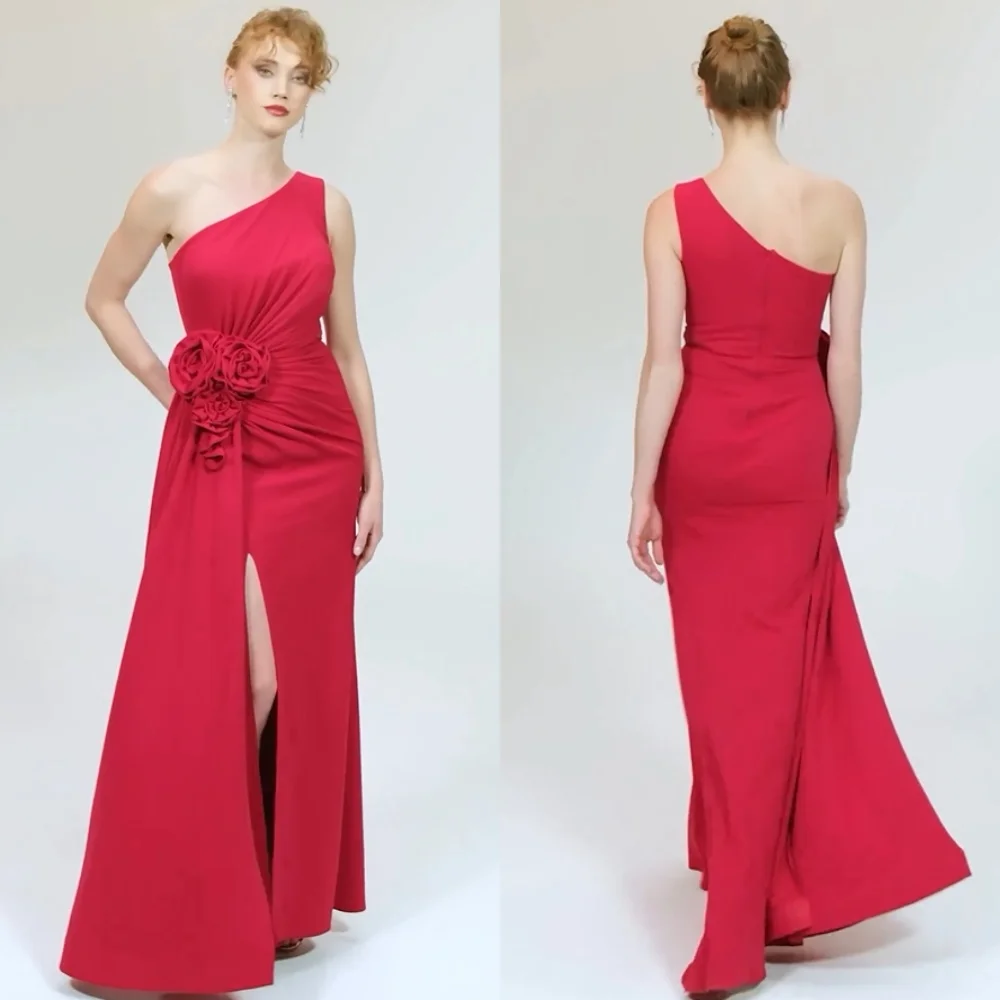 Jersey Pleat Flower Homecoming Sheath One-shoulder Bespoke Occasion Gown Long Dresses