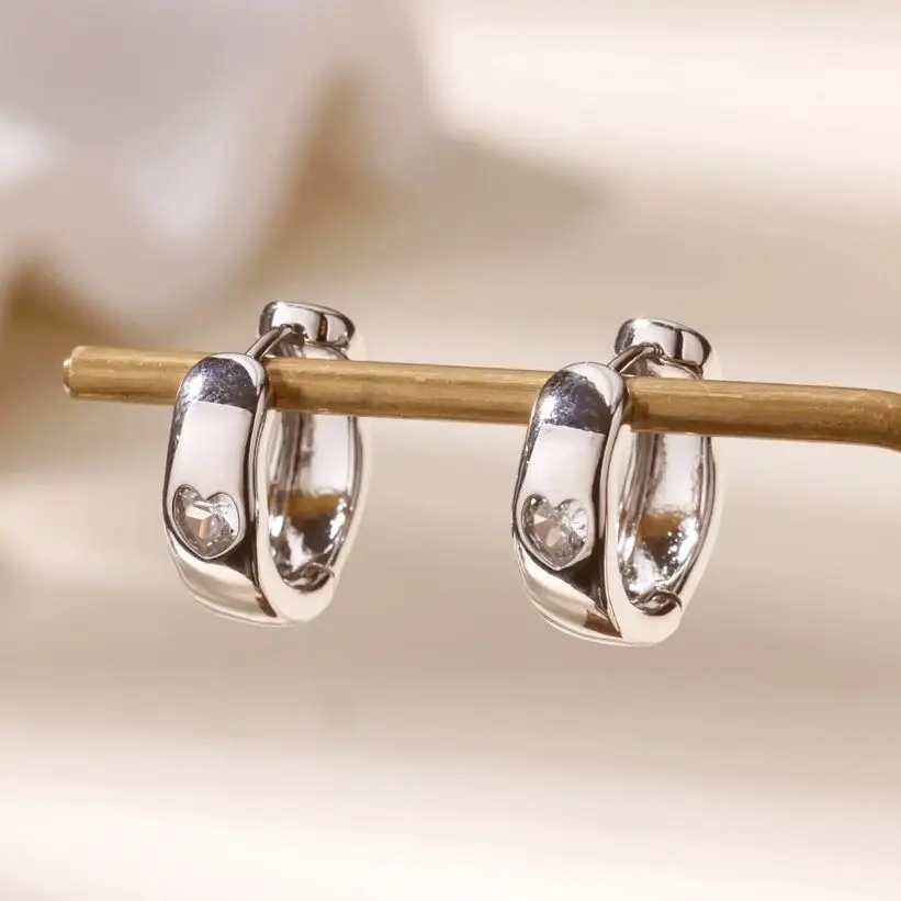 Zircon Heart Hoop Stud Earrings Women Stainless Steel