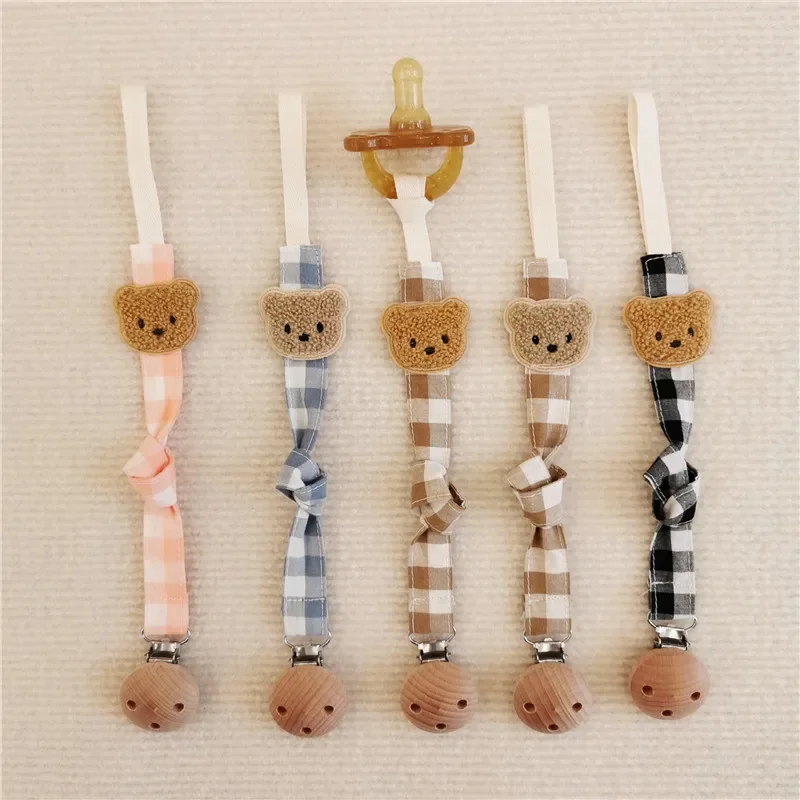 ClothCuteBearBabyPacifierClipChainPlaidNewbornPacifiersClips