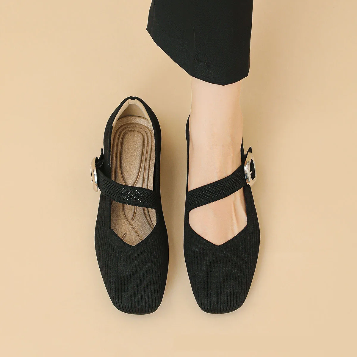 Mary Jane Strick-Flats Für Damen – Bequeme Ballerinas Mit Knöchelriemen & Quadratischer Spitze