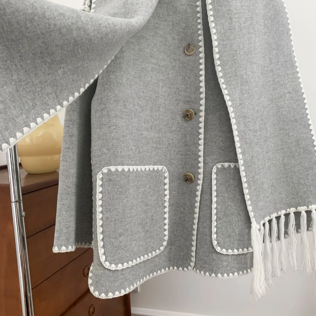 Se8cb5f7e5808425a97bf2804cf44c6292 Women Fringe Scarf Collar Coat Double-sided Woollen Single Breasted Autumn Winter, Loose Embroidery Trim Female Casual Jacket Mallzona