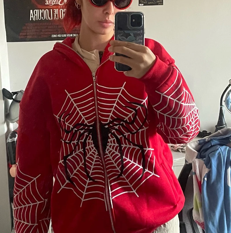 

Spider Web Red Graphic Women Sweatshirts Harajuku Vintage Grunge Y2k Zip Up Hoodie Loose Couple Jacket Hooded Long Sleeve Tops