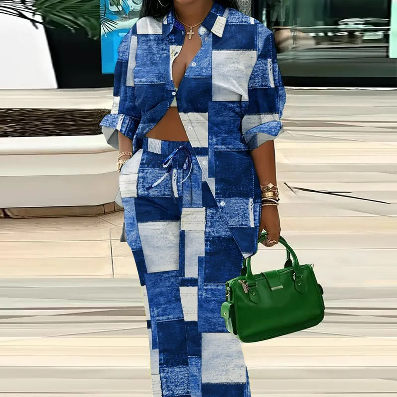 

2024 Spring Summer New Women's Clothing Imitation Denim Plaid Printed Commute Leisure Suit 2 Piece Set