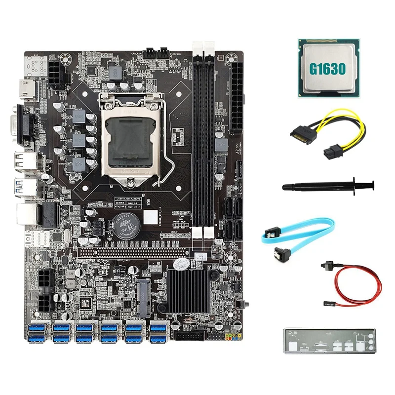 

B75 12USB BTC Mining Motherboard+G1630 CPU+SATA 15Pin To 6Pin Cable+SATA Cable+Switch Cable+Baffle+Thermal Grease