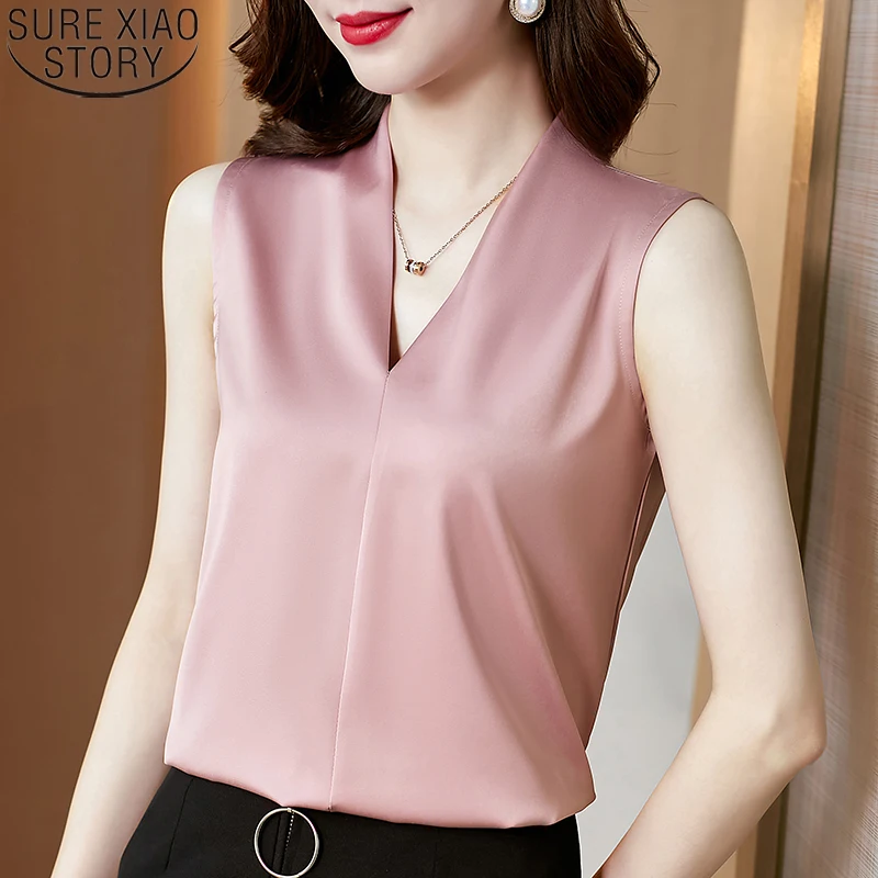 Casual Solid Color Sleeveless Shirts 2025 Summer Satin Blouse Women Tops V Neck Women Clothing Casual Ladies Shirts 13381