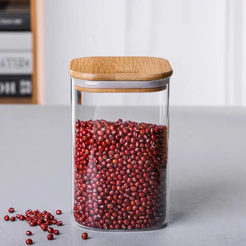1X Square Glass Jars with Bamboo Lids Glass Airtight Kitchen Canisters Set Food Storage Container Pantry Spice Flour Storage Jar 6