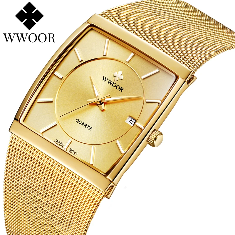 Wwoor Luxury Gold Watch Men Square Japan Quartz Slim Steel Mesh Waterproof Sports Automatic Date Orologi Da Polso Relogio Masculino