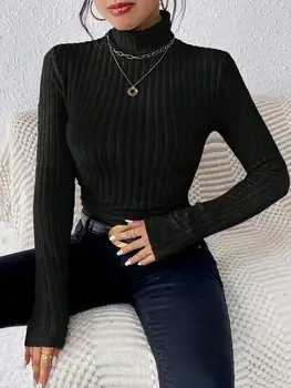 Elegant Solid Basic Knitted Tops New Women Turtlneck Sweater Long Sleeve Casual Slim Pullover Fashion Simple Style Design 1