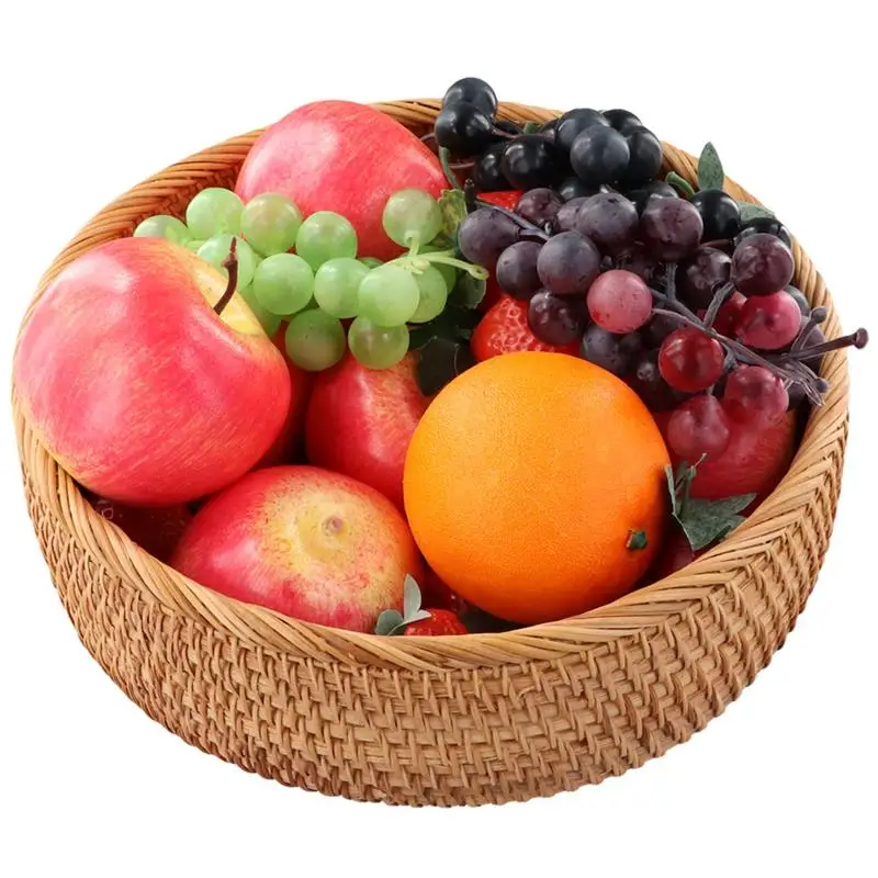 

Круглая корзина из ротанга круглая плетеная корзина для фруктов ручной работы, плетеный держатель для хранения, миска для сервировки еды, поднос для сервировки еды, плетеная корзина