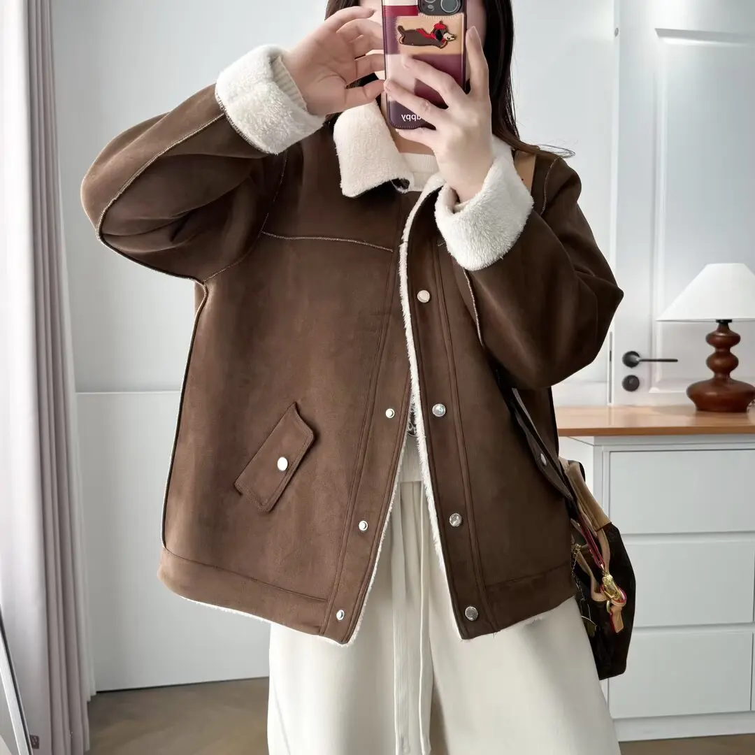 XXXXL Fashion Plus Size Women's Coat 2025 Winter New Casual And Versatile Thickened Suede Fleece Jacket Warm Cardigan 2527