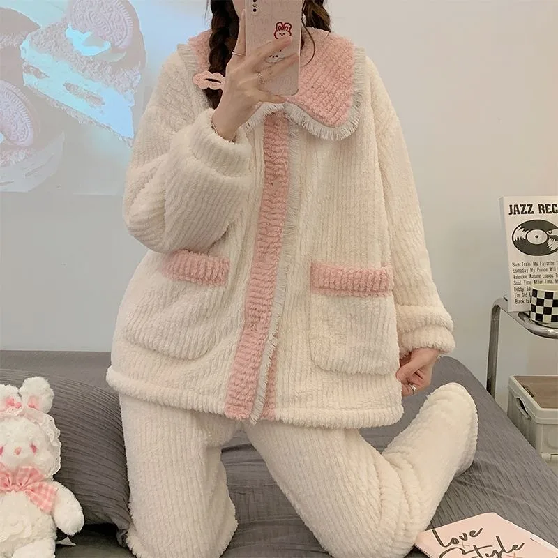 Female Coral Velvet Pajamas Winter Thickened Fleece-lined Long Sleeves Trousers Nightclothes Suit Women Flannel Warm Loungewear