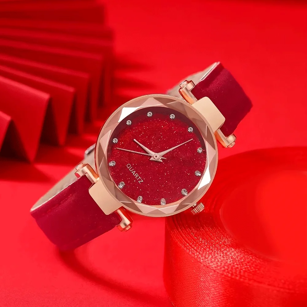 1pc Simple Zinc Alloy Quartz Watch With Round Rhinestone Dial + 1pc Butterfly Bracelet Red Black Pink