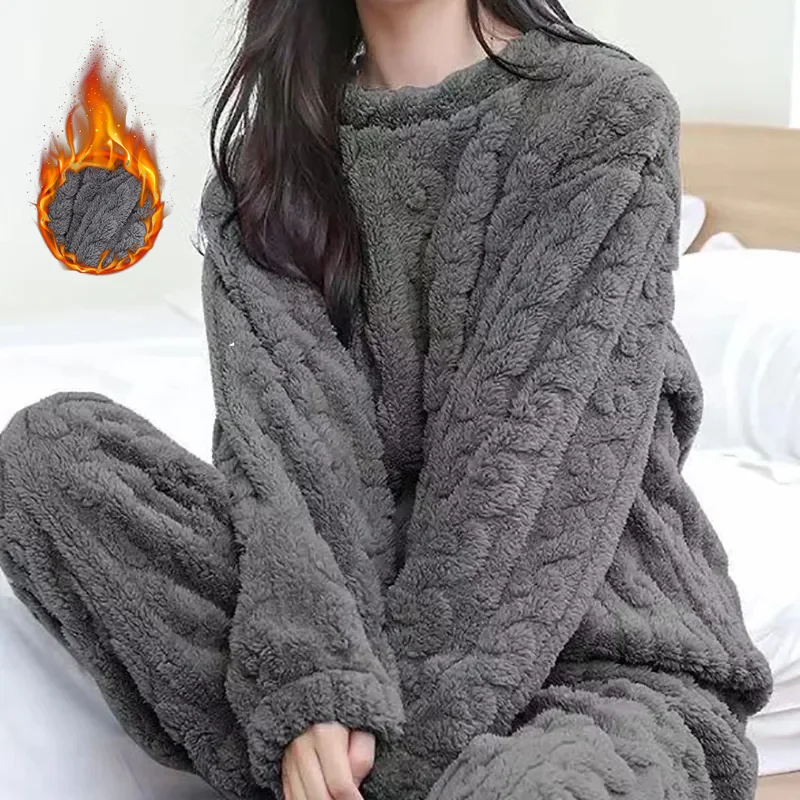 Cotton Pajama Set Autumn Women 2 Piece Sets Thicken Velvet Ribbed Fleece Set Pullover And Pants Women Casual Pajama Sets