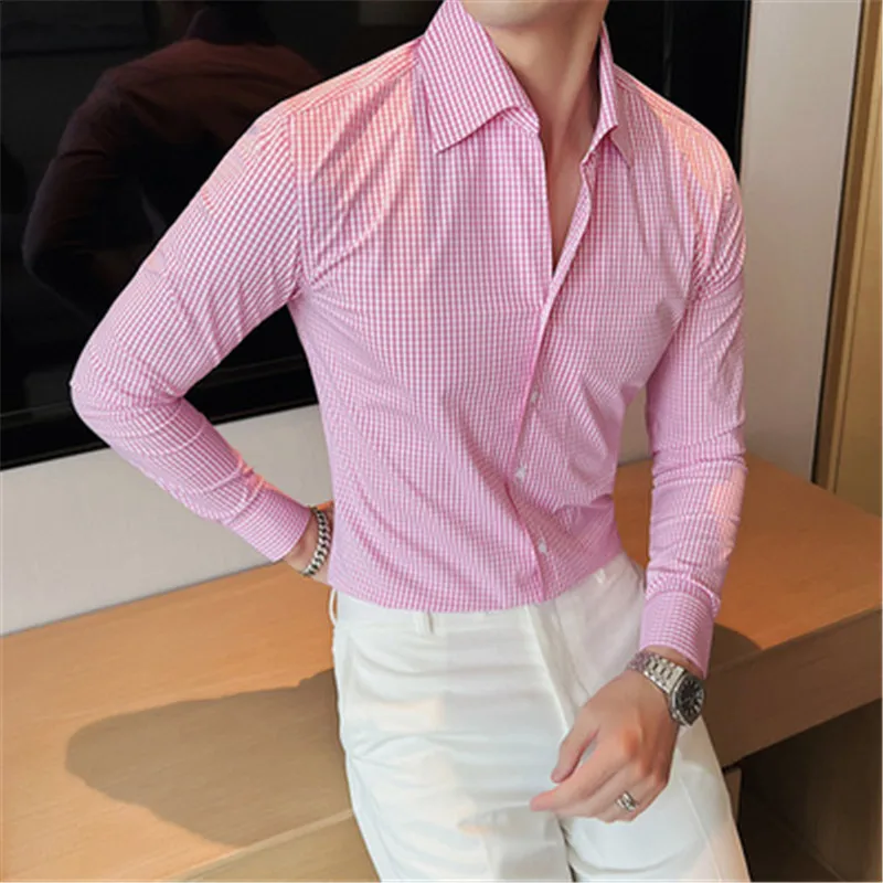 

Vintage Plaid Shirts for Men Pink Blouse Cotton Long Sleeve Slim Fit Camisa Korea Stylish Luxury Designer Checked Man Clothes