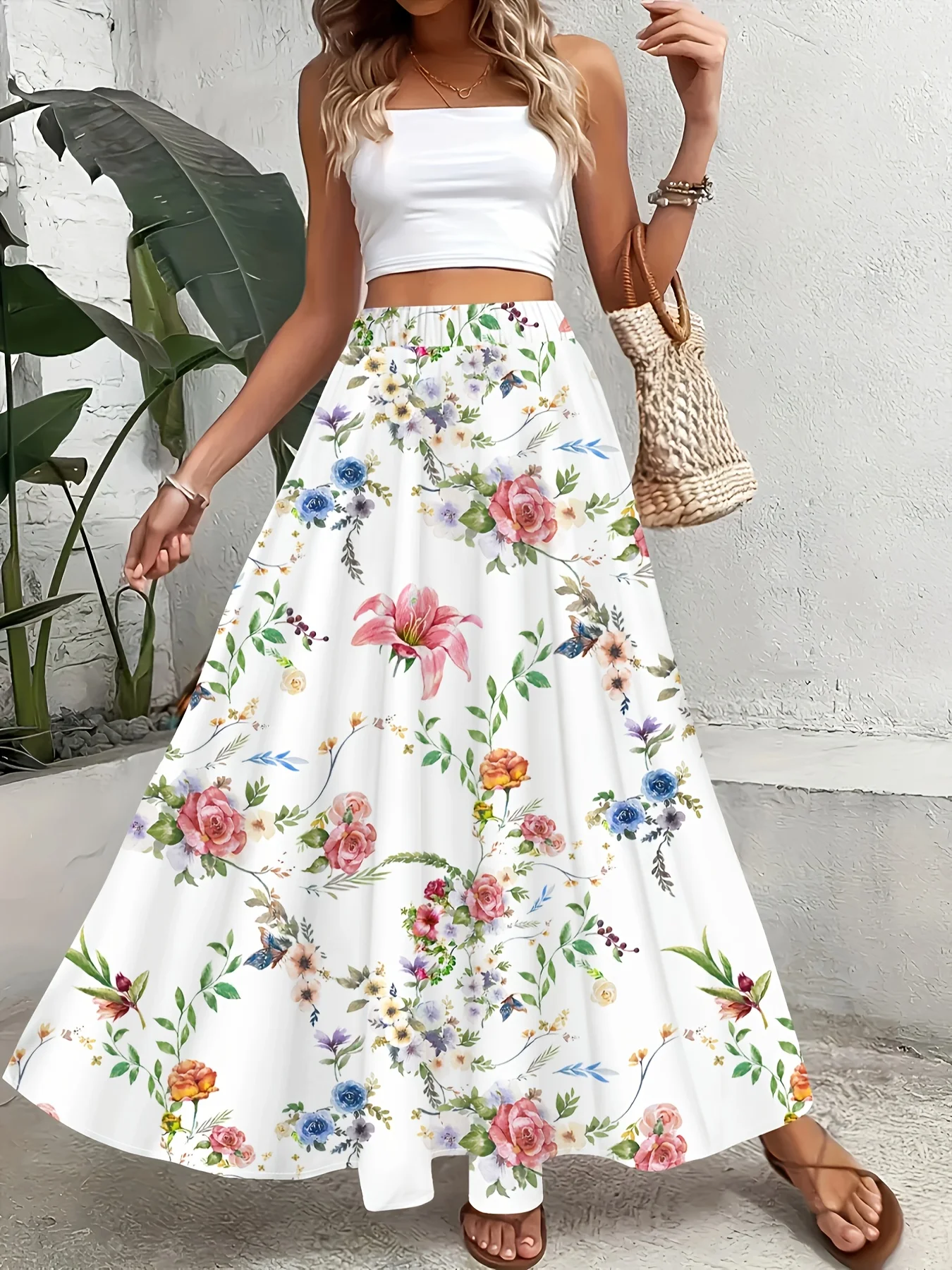 Women's Floral Print Midi Skirt Vacation Style High Waist A Line Summer Casual Skirt for Women Elastic Waist Flowy Skirt 1