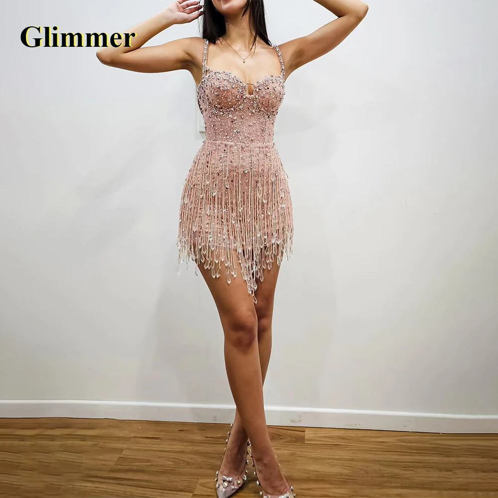 

Glimmer Luxury Crystals Cocktail Dresses Tassel Spaghetti Strap Sweetheart Backless Sleeveless Vestidos De Festa Custom Made