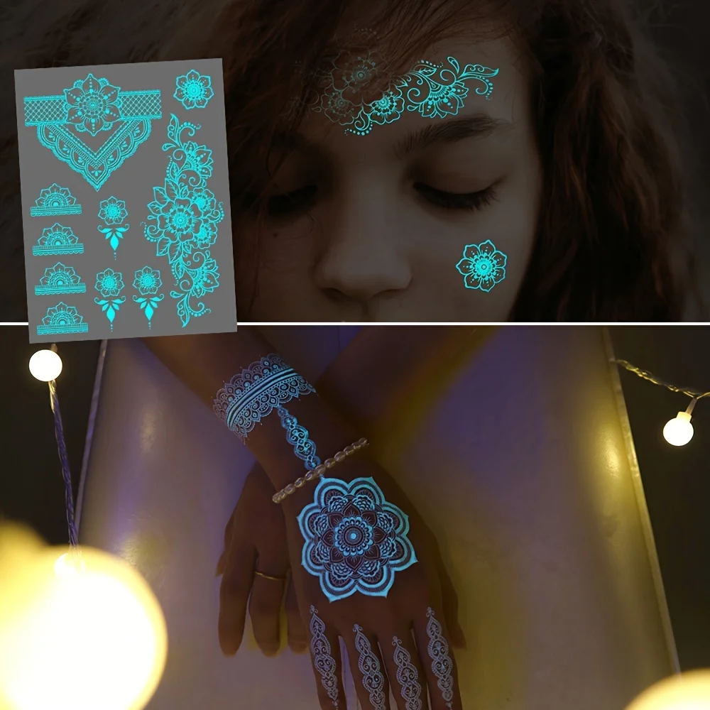 Blue Luminous Henna Tattoo Sticker Girls Tribal White Lace Lotus Tattoos Mandala Flower Fake Jewelry Pendant Temporary Tattoo 4