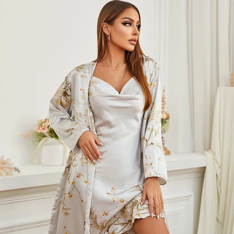 Women s Silk Bathrobe Set Summer Autumn Floral Print Ladies Nightwear Satin Luxury Kimono 2 Pieces