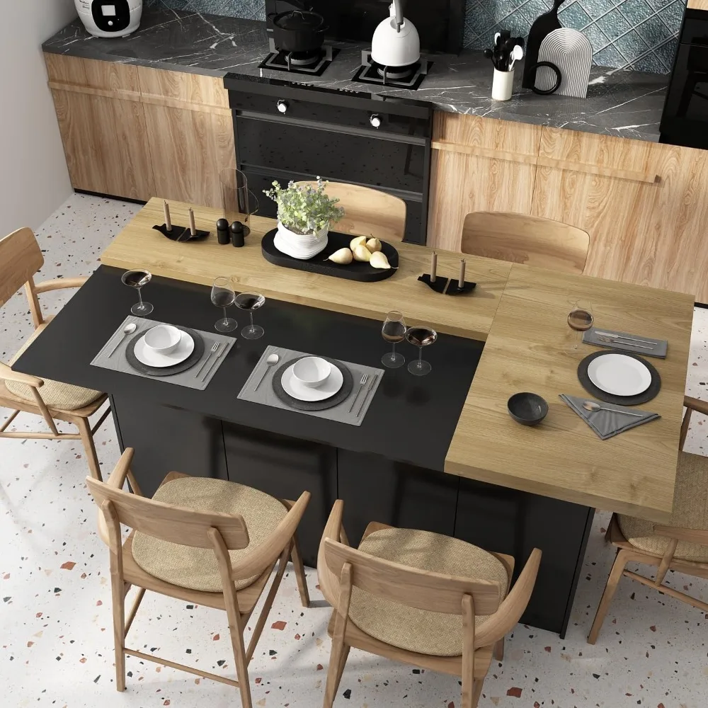 77.3" W Kitchen Island with Shelves & 6 Doors, Large L-Shape Wood Top Buffet Cabinet, Dining Table with Storage for 4-6 People 4