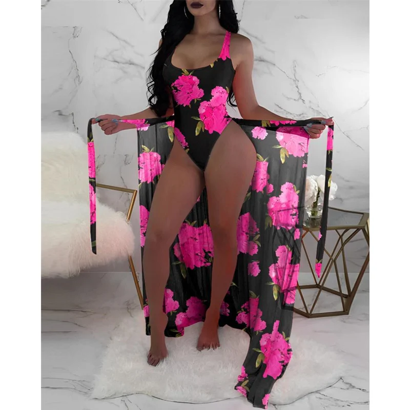 

Women Beachwear Bathing Suit Women Sexy Fashion Floral Print One-Piece Swimsuit Bodysuit With Cover Up Two Piece Set