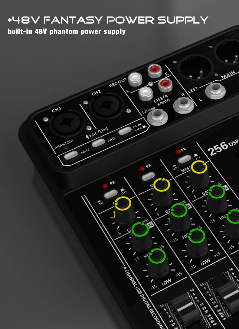 Audio Interface Mixer with Bluetooth USB Recording Computer 48V Phantom Power De
