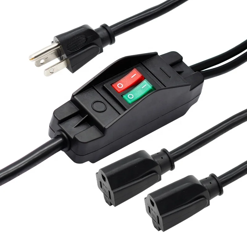 

American 3 Prong NEMA 5-15P 2 way inline switch split to 2 5-15R plug power cable