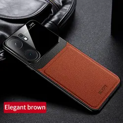 Silicone Bumper PU Leather Matte Back Cover with Plexiglass Enhancements for Vivo iQOO Neo9S Pro (Brown)