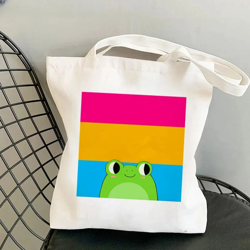 

Harajuku Shopping Canvas Shopper Bag girl handbag Tote Shoulder Lady Women Shopper bag Rainbow Pride Flag Frog LGBT Bag