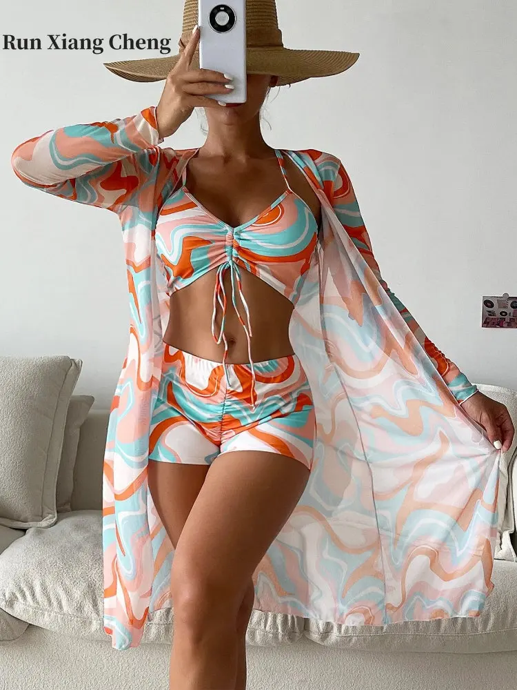

Women's Panties Set 2023 Bikini Lingerie Split Sexy High Waist Panties Long Sleeve Coat Hoodie Drawstring 3-piece Swimwear Set