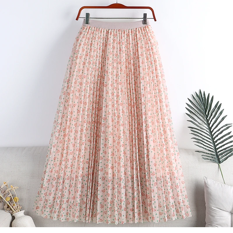 white tennis skirt TIGENA Women Long Tulle Skirt 2022 Summer Boho Holiday Aesthetic Floral Print A Line High Waist Pleated Maxi Skirt Female Ladies cute skirts