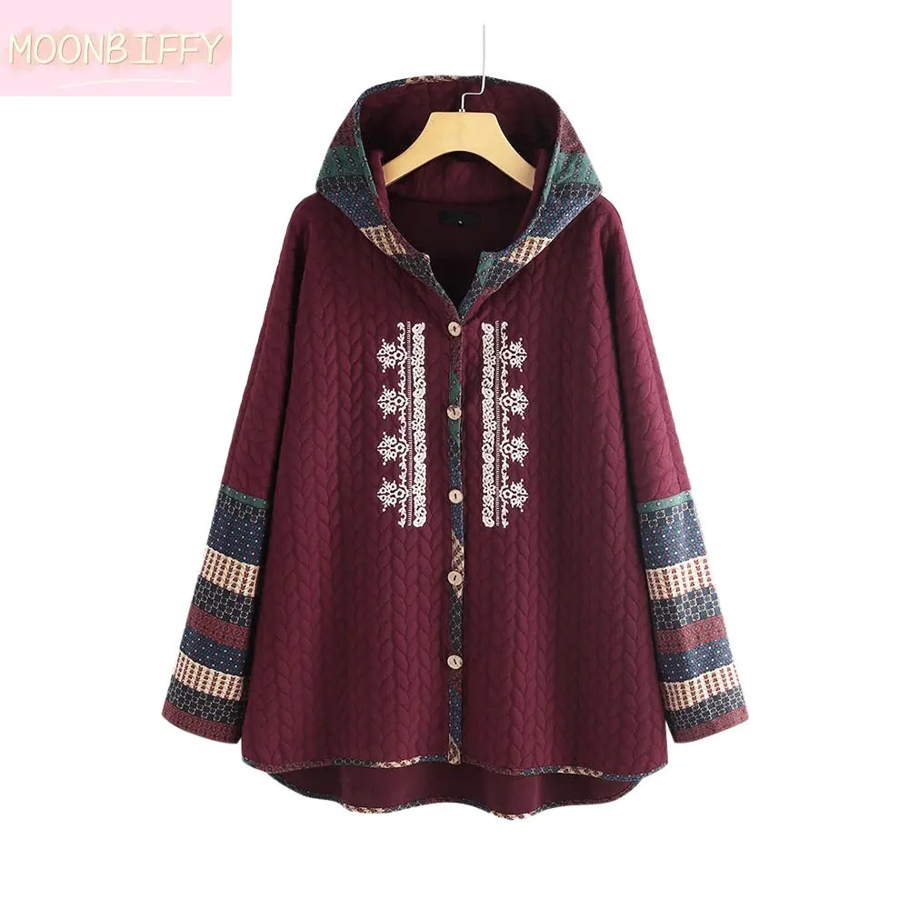 

Autumn Winter New 2023 Women Hooded Cotton Padded Overcoats Chinese Style Vintage Long Sleeve Medium Long Printed Coats 4XL 5XL