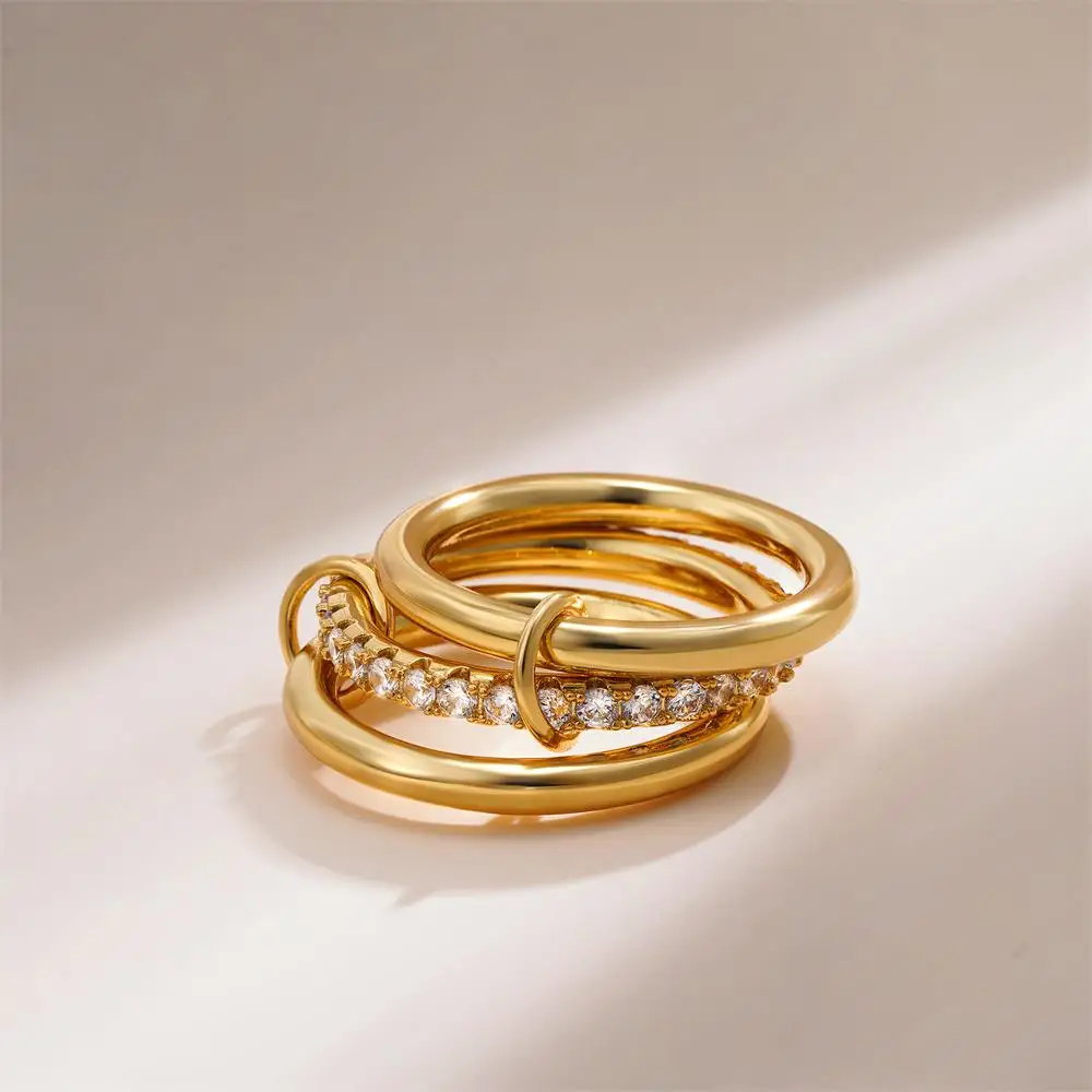 Multilayer Everly Stacked Ring Chunky Gold Plated Interlocking Zircon Multi Link Connected Rings Eternity Statement Jewelry Gift
