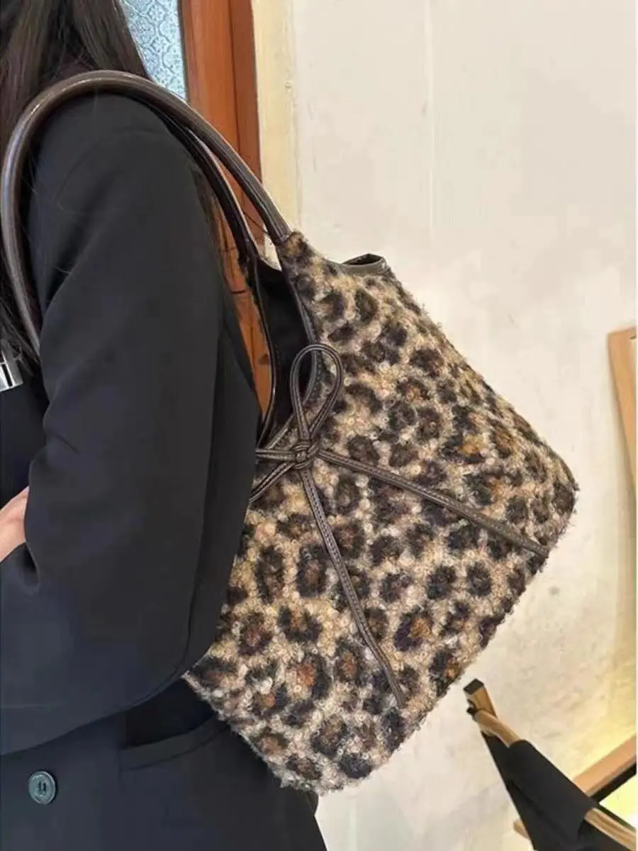 JIAERDI Vintage Plush Leopard Print Bucket Bag Women Sweet Cool Hot Girls Bow Y2k Handbag Female Retro Underarm Bag Aesthetic