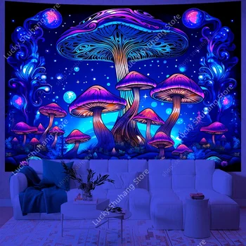Tapisserie murale réactive UV forêt de champignons, suspendue pour l'art psychédélique, décor de chambre mystique Kawaii, tapis de Yoga Mandala, tapis de pique-nique 1