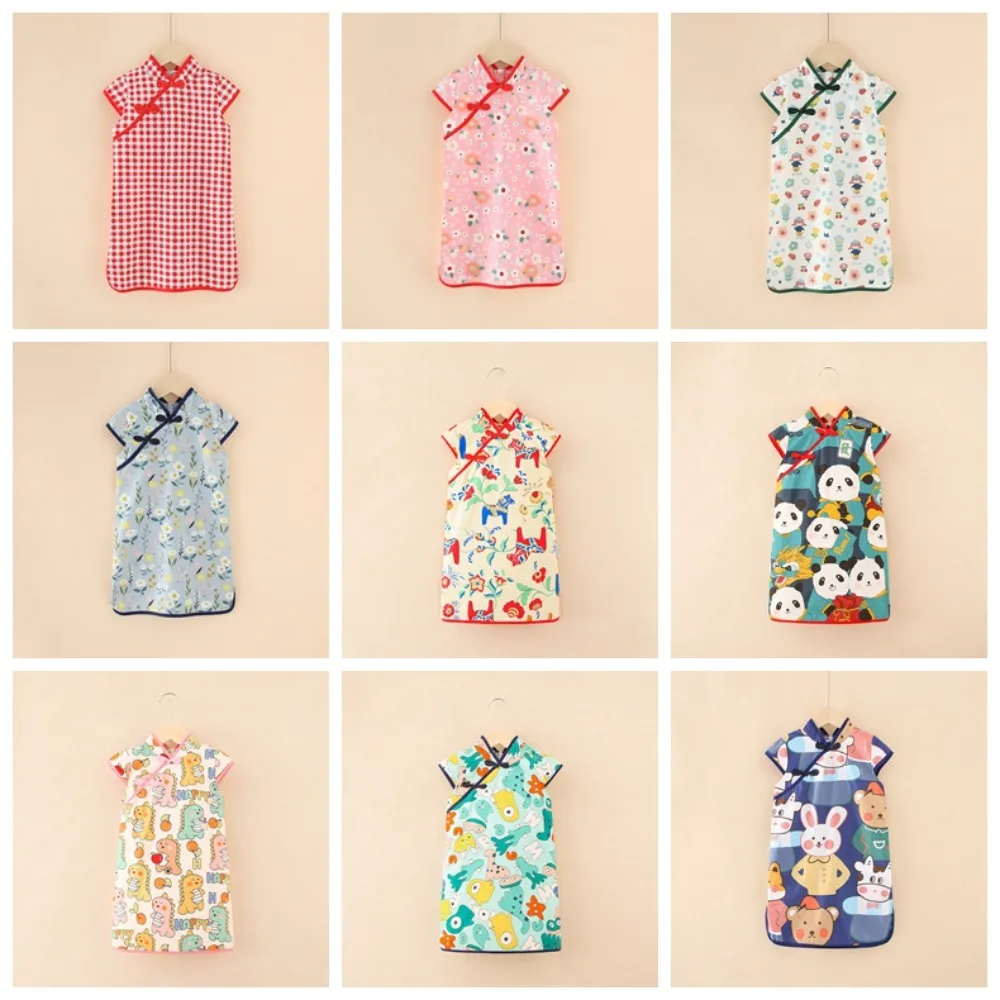 Cartoon Animals Children Cheongsam Short-Sleeved Girls Clothing Children Chinese Dress Princess Dress Qipao