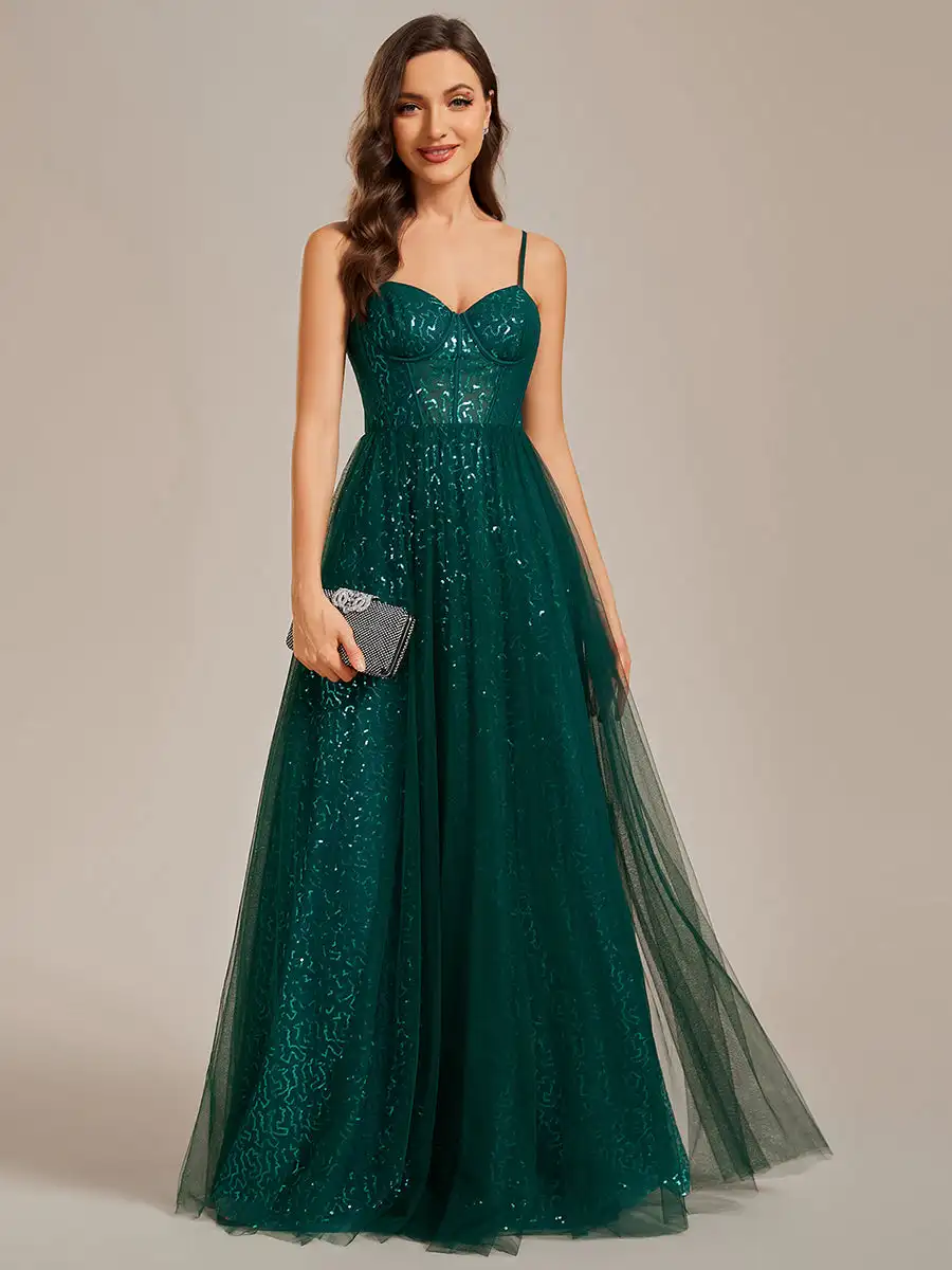 Gorgeous Evening Dresses Strapiess Sweetheart Neckline Spaghetti Straps 2024 Ever pretty of Shiny Dark Green Bridesmaid dress