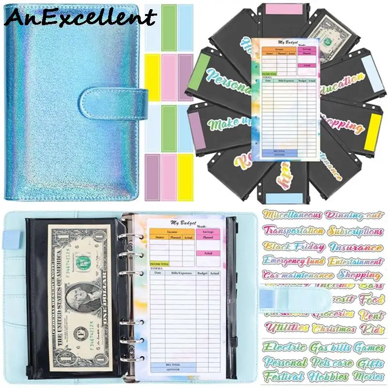 A6 Glitter Glitter PU Leather Cover Money Budget Planner Notebook Binder with Zipper Cash Envelopes for Budgeting Organizer