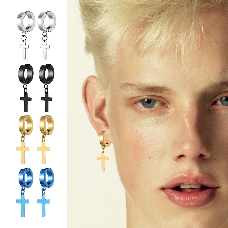 Stainless Steel Earrings 2 Pcs Clip On Non Piercing For Women Men Black Gold Color Cross Gothic Punk Rock Drop Pendiente Jewelry