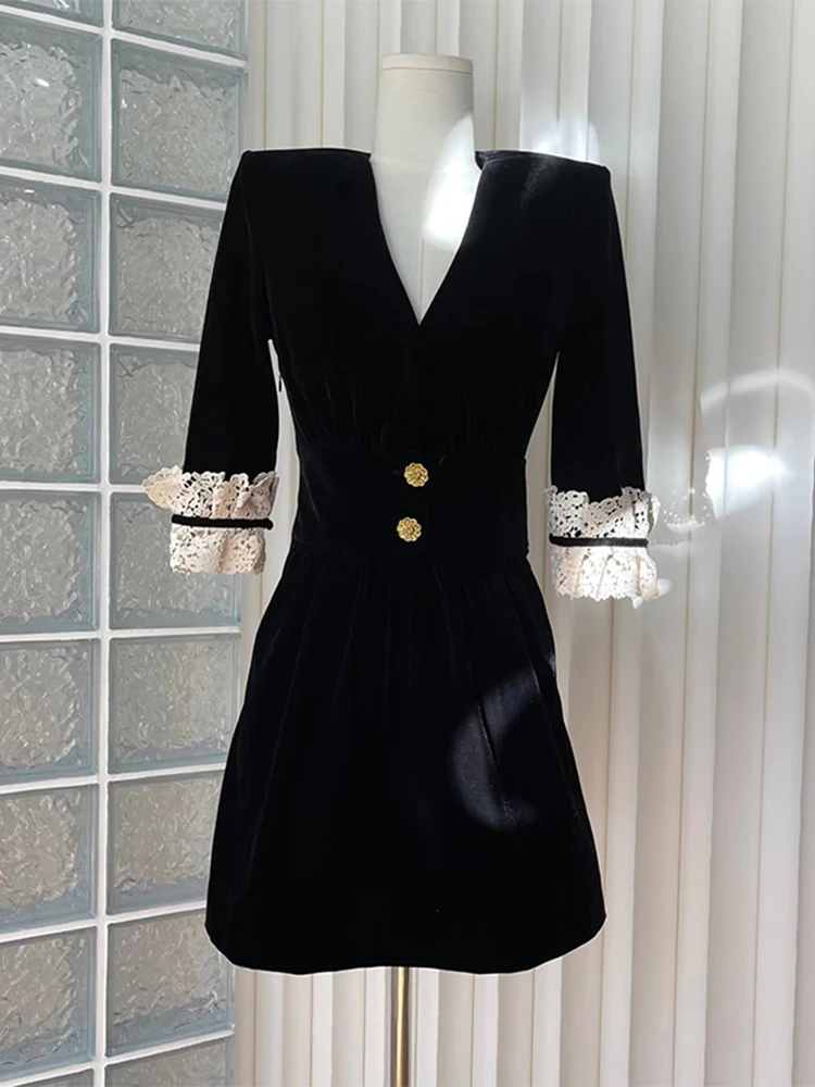 

Hollow Out Lace Patchwork Black Color Women Slim Midi Frocks Long Sleeve V-neck Retro Single Breasted Female Dress Lady Basic