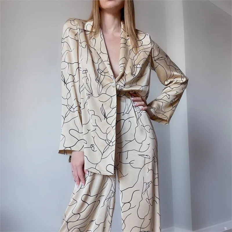 

Holiday Outfits For Women Clothes Beach Cover Up 2023 Print Long Sleeve Shirt Pajamas Loose Pants Two Piece Set Silk Ladies Home