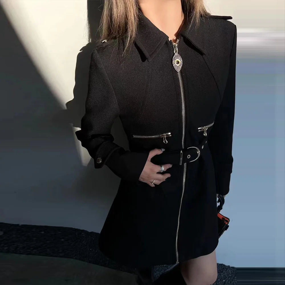 

Fall Designed Fashion Casual Women Coat Mid-length Long Sleeve Zipper Patchwork Lapel Elegant Chic Leisure Lady Coat With Belt