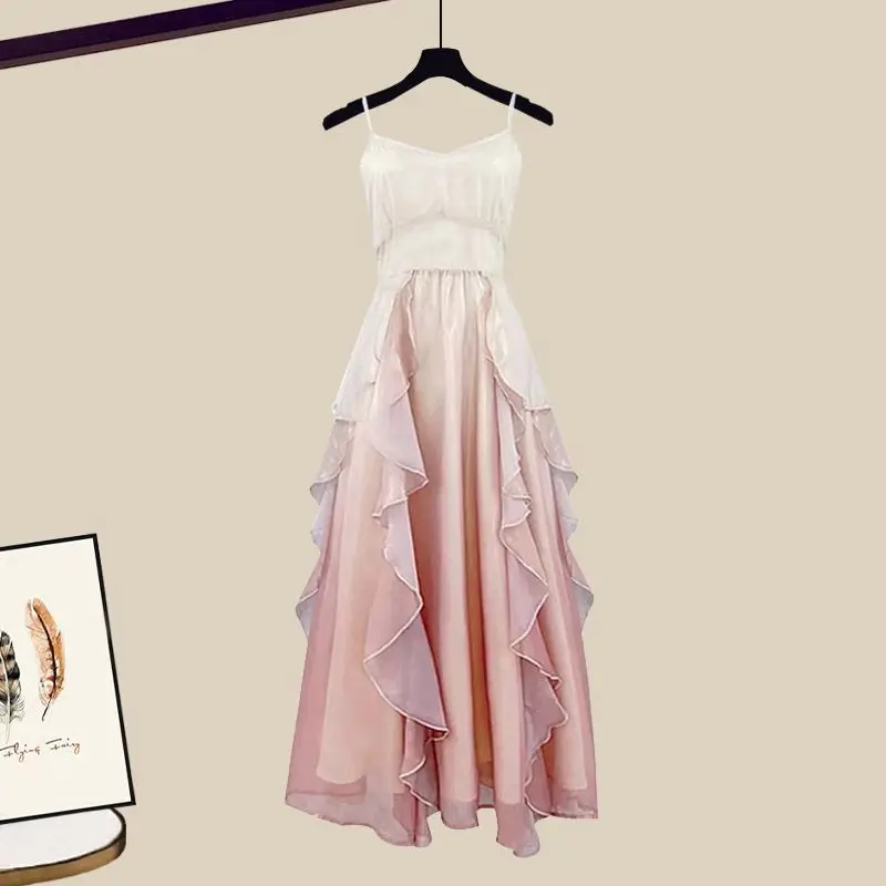 Summer Set Women's 2024 New Korean Edition Women's Fashion and Stylish Bow Shirt Waist Wrap Dress Two Piece Set