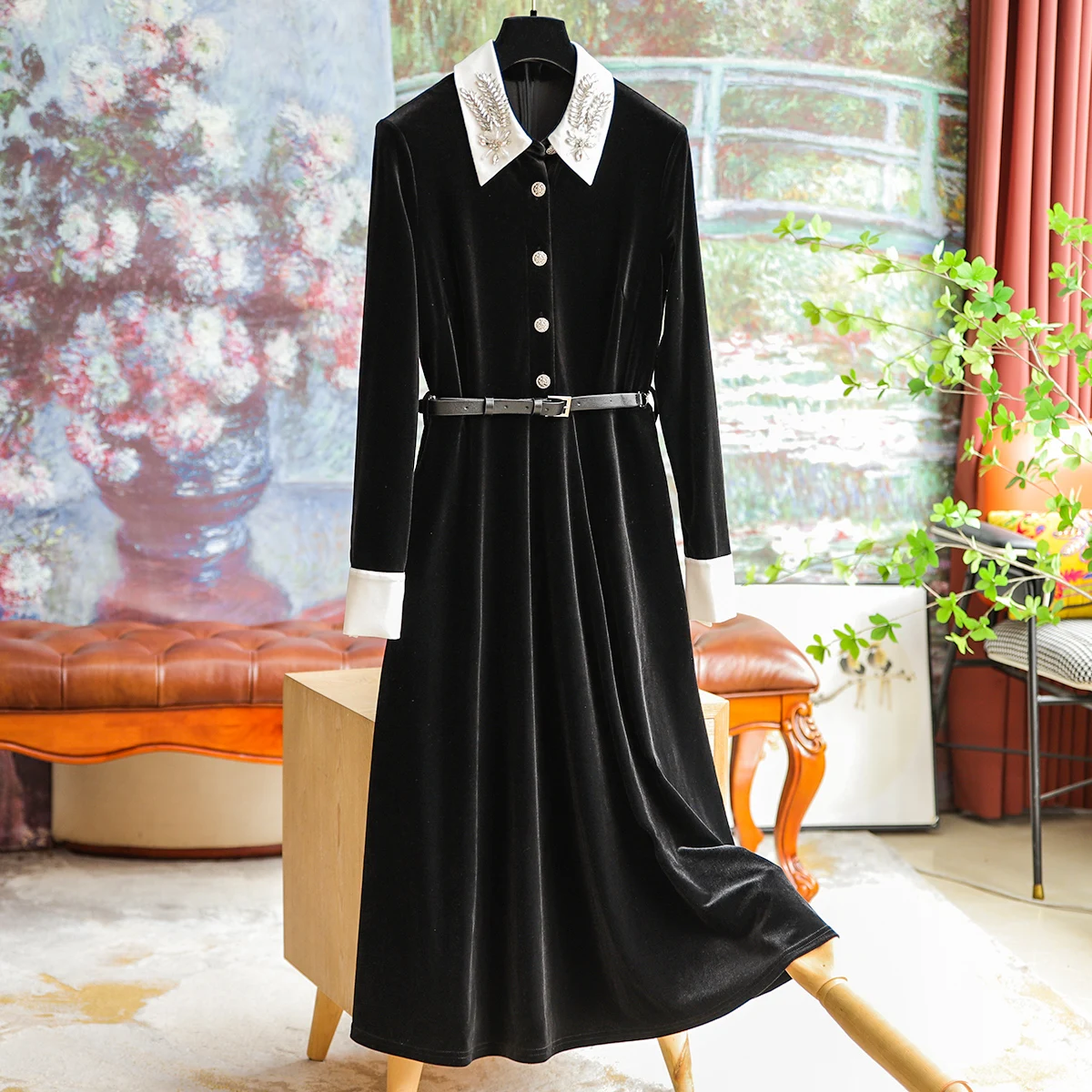 

Women's Dress Handmade Nail Drill Black Velvet Thin Dress Autumn 2023 New Temperament Design Long Dresses Solid Formal Clothing